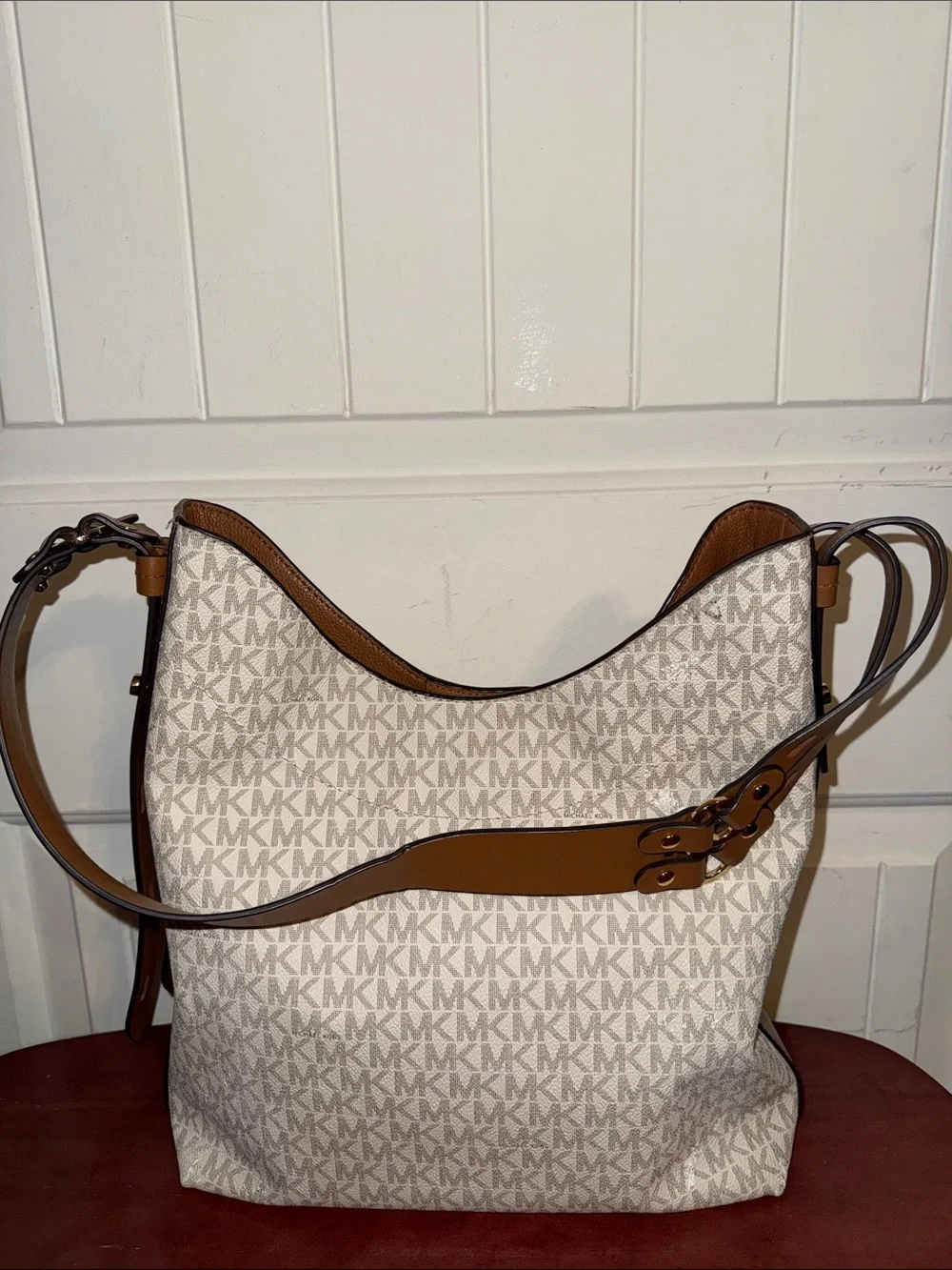 Michael Kors Signature MK Logo Canvas Shoulder Bag in Beige and Tan